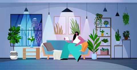 Woman using tablet pc in dark night living room social media network online Stock Illustration