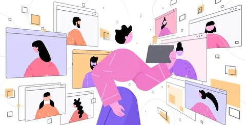 Woman using tablet pc discussing with friends during video call virtual Stock Illustration