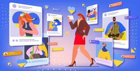 Woman using tablet pc pray for Ukraine peace save Ukraine from russia social Stock Illustration