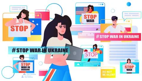 Woman using tablet pc pray for Ukraine peace save Ukraine from russia social Stock Illustration