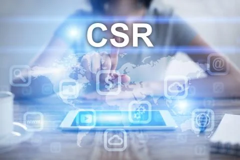 Woman using tablet pc, pressing on virtual screen and selecting csr Stock-Fotos