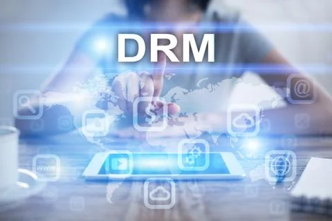 Woman using tablet pc, pressing on virtual screen and selecting drm 스톡 사진