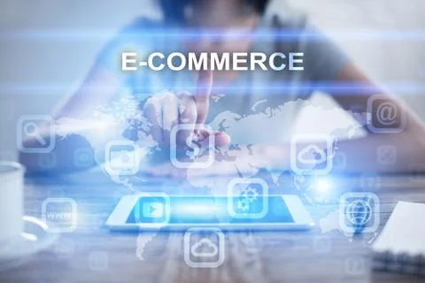 Woman using tablet pc, pressing on virtual screen and selecting e-commerce Stock Photos