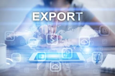 Woman using tablet pc, pressing on virtual screen and selecting export 库存照片