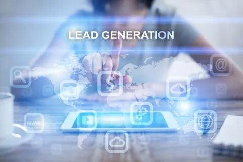 Woman using tablet pc, pressing on virtual screen and selecting lead generation Stockfoto's