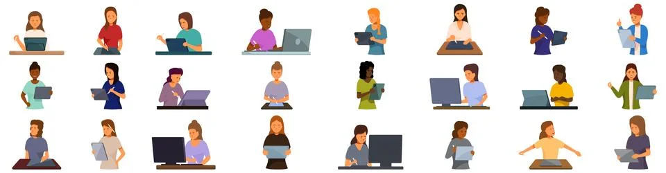 Woman using tablet pen vector. A group of people are sitting at desks and using Illustrazione stock