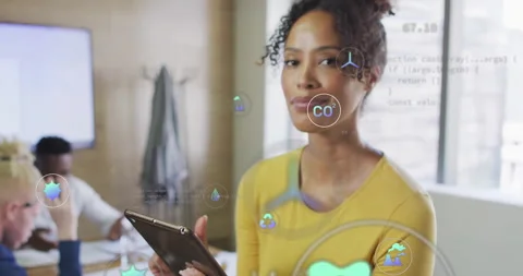 Woman using tablet with programming code and molecular structures overlay Stock Footage 303941763