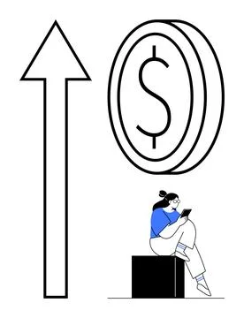 Woman using tablet, seated on cube, with large upward arrow and coin sign. Id Stock Illustration