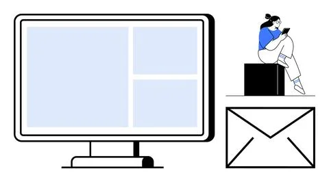 Woman using tablet sitting on a box, large monitor displaying multiple window イラスト素材