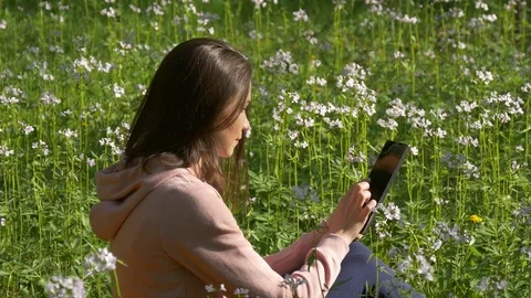 Woman using tablet sitting in field Video stock 75015598