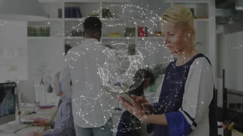 Woman using tablet tapping screen, causing network globe showing tech data Stock Footage 334312290