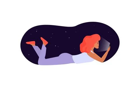 Woman using tablet while lying on stomach concept illustration Stockillustratie