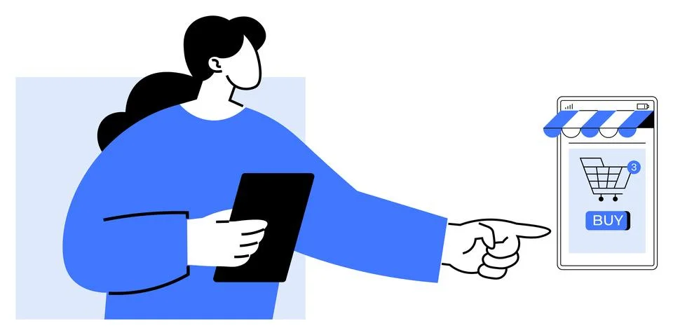 Woman Using Tablet While Pointing at Online Shopping App with BUY Button Illustrazione stock