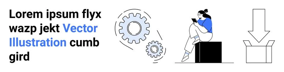 Woman using a tablet while seated on a box, large gears symbolizing machinery 스톡 일러스트