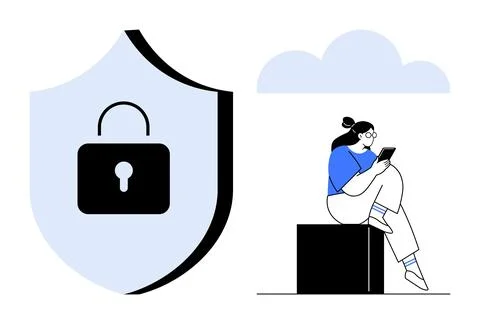 Woman using tablet while sitting, secure shield with lock. Ideal for cybersec イラスト素材