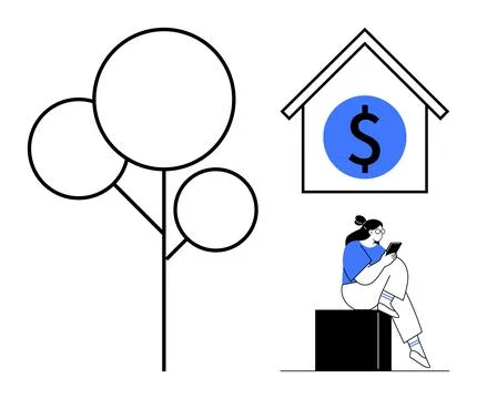 Woman using a tablet while sitting near tree and house symbol with dollar sig イラスト素材
