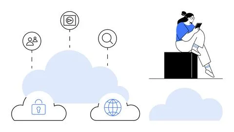 Woman using tablet while sitting on cube, surrounded by cloud icons with secu Stock Illustration
