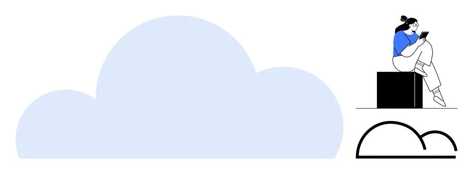 Woman Using Tablet While Sitting on Box by Cloud Symbol, Representing Cloud.. Stock Illustration