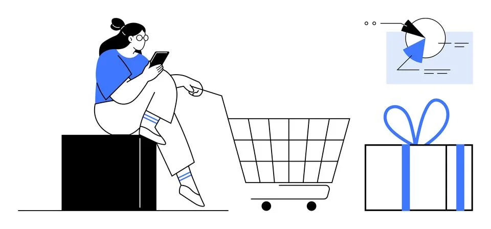Woman using tablet while sitting next to shopping cart, pie chart, and gift b イラスト素材