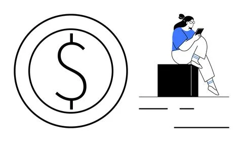 Woman Using Tablet While Sitting on a Box Beside a Large Dollar Sign Coin Stock Illustration