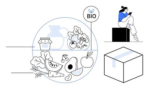 Woman using tablet while sitting near organic food and delivery package emp.. Stock Illustration