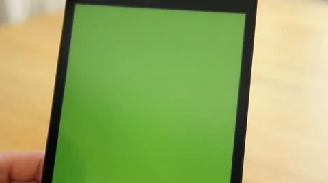 Woman Using Tablet on Wood Table w/Various Hand Gestures Close Up - Green Screen Stock Footage 22219486
