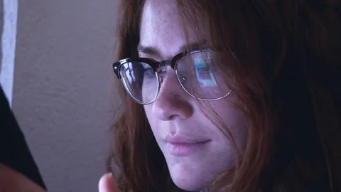 Woman using technology touchscreen glasses reflection slow motion hipster Video stock 77837207