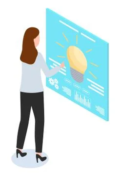 Woman using touchscreen, lamp bulb, office worker at high heels customize Stock Illustration