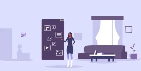 Woman using touchscreen smartphone with application icons mobile apps user Stock Illustration