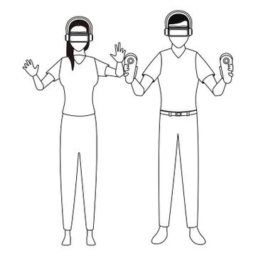 Woman using virtual reality glasses in black and white Illustrazione stock