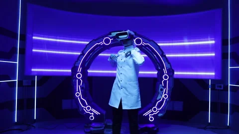 Woman using virtual reality headset in modern interior of a spacecraft Stock Footage 240655880