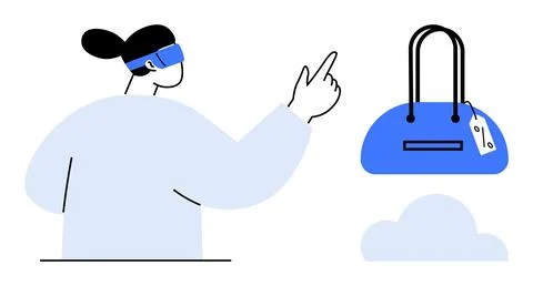 Woman Using Virtual Reality Headset to Interact with a Floating Handbag Stock Illustration