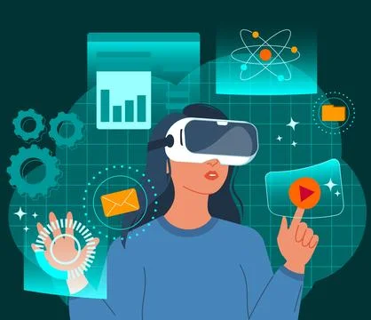 Woman Using Virtual Reality Headset 스톡 일러스트