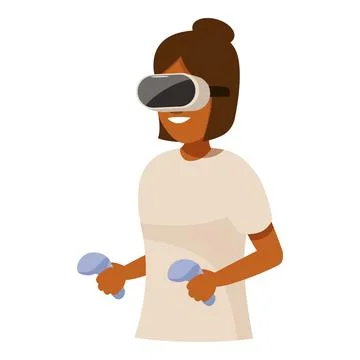 Woman using virtual reality headset and controllers, exploring metaverse Illustrazione stock