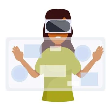 Woman using virtual reality headset and interacting with transparent digita.. Stock Illustration