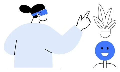Woman Using Virtual Reality Headset Interacting with Digital Elements in a .. 스톡 일러스트