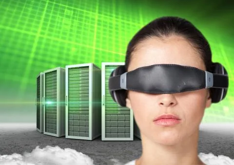Woman using virtual reality headset against server tower Stock Photos