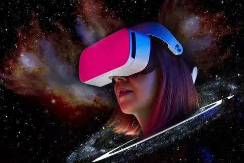 Woman is using virtual reality headset. Elements of this image furnished by NASA Stock Photos