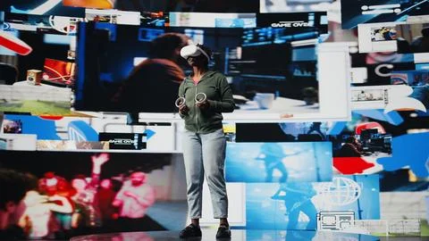 Woman using virtual reality tech to get access to video recommendations Stock Photos