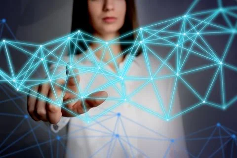 Woman using virtual screen with connection lines presenting innovation networ Stock Photos