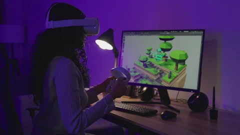 Woman using VR to Control her Games Project by 3D Animation Software. Stock Footage 201276407