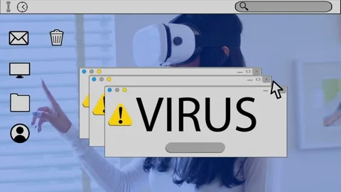 Woman using VR gesturing at tech UI, warning appearing, virus popups stacking, Stock Footage 334040786