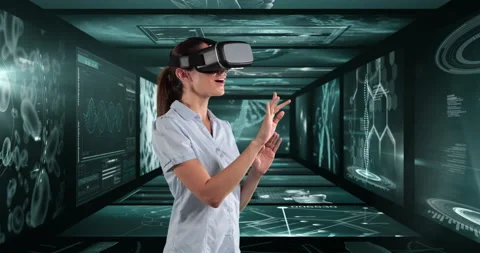 Woman using VR headset against screens with medical data processing Stock-Footage 140367269