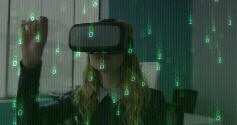 Woman using VR headset with digital binary code animation overlay Stock Footage 303869928