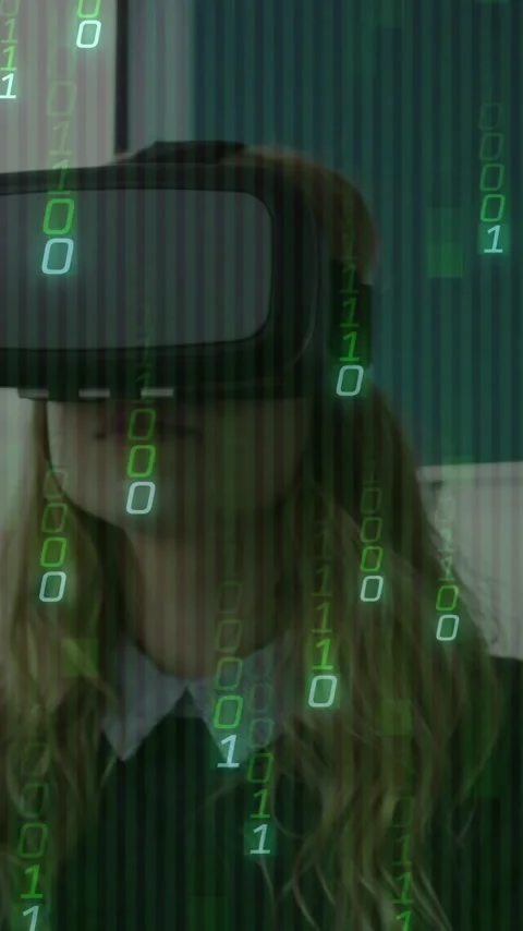 Woman using VR headset with digital binary code animation overlay Stockbeeldmateriaal 344285099