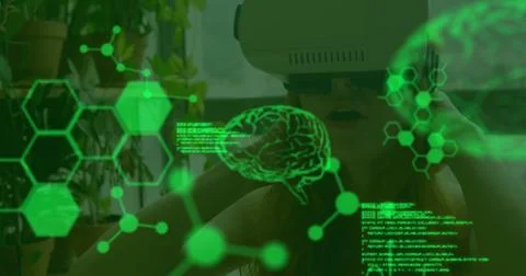 Woman using VR headset with digital brain graphics in futuristic home setting Stockillustratie