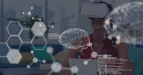 Woman using VR headset exploring virtual brain simulation in modern office Stock Illustration