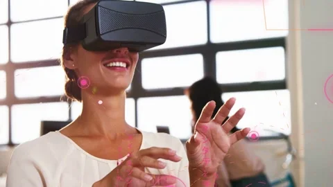 Woman using VR headset initiating pinches, editing pink HUD to demo work tech, Stock Footage 333004450
