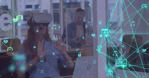 Woman using VR headset interacting with digital interface in modern office 스톡 일러스트