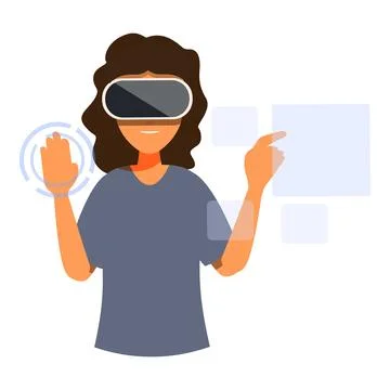 Woman using vr headset is interacting with digital interface, exploring metav Illustrazione stock